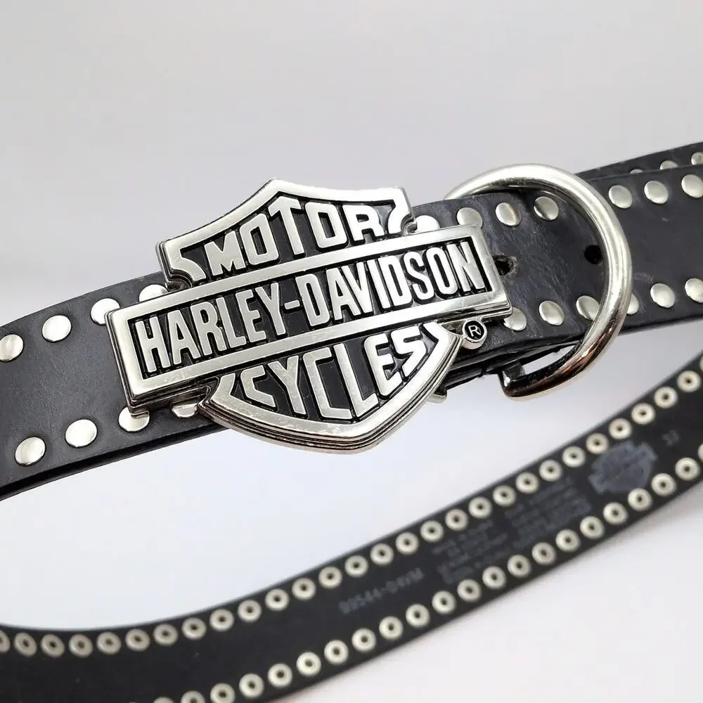 VTG Y2K Harley Davidson Moto Studded Black Leather Belt w/ Buckle 32in-36in